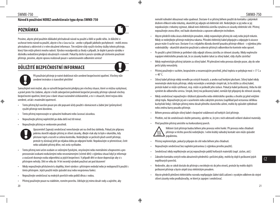 Poznámka, Důležité bezpečnostní informace, Swmx-750 | Swmx-750 cz | Dyras SWMX-750 User Manual | Page 11 / 23