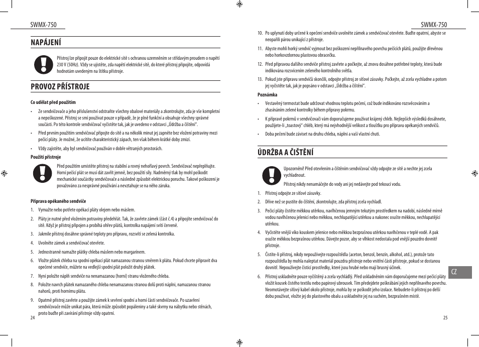 Napájení, Provoz přístroje, Údržba a čištění | Swmx-750, Swmx-750 cz | Dyras SWMX-750 User Manual | Page 13 / 23