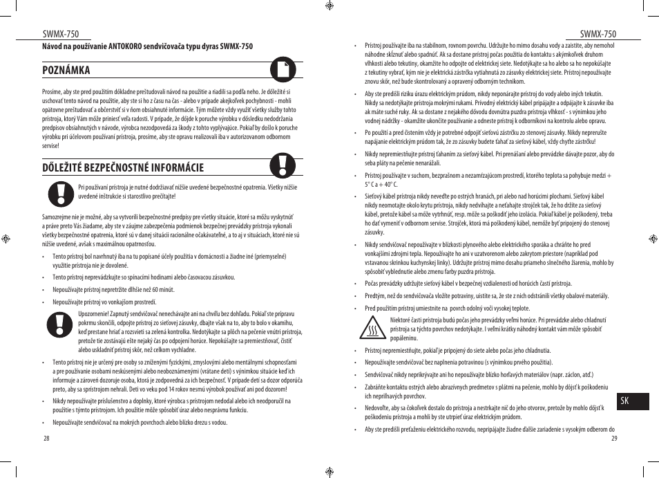 Poznámka, Dőležité bezpečnostné informácie, Swmx-750 | Swmx-750 sk | Dyras SWMX-750 User Manual | Page 15 / 23