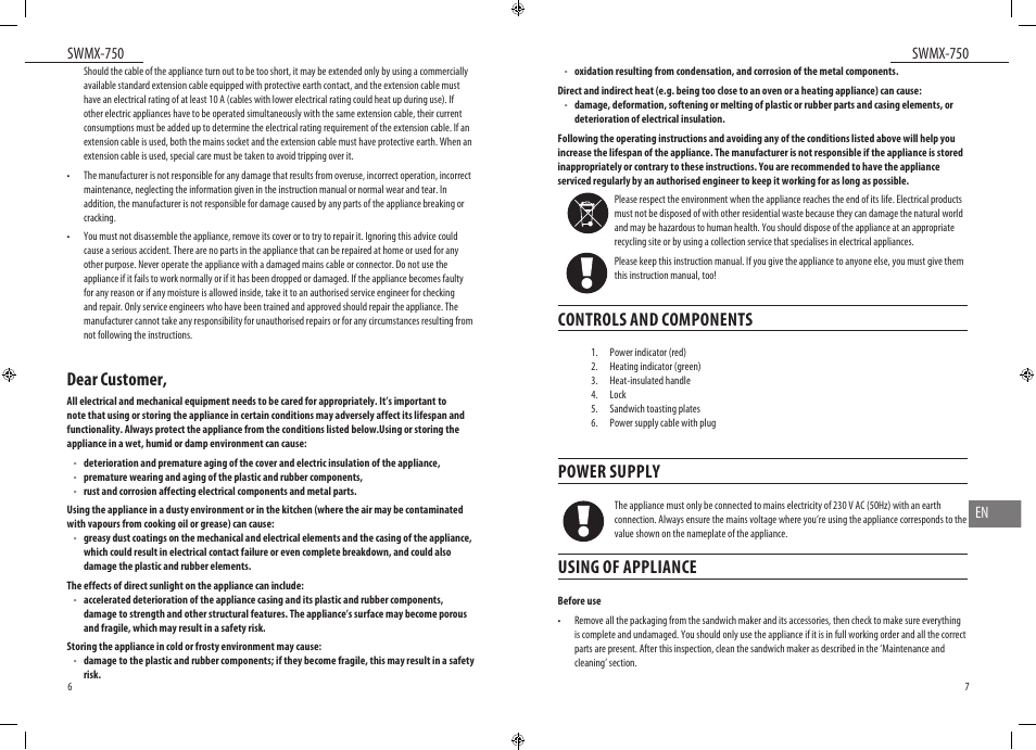Controls and components, Power supply, Using of appliance | Dear customer | Dyras SWMX-750 User Manual | Page 4 / 23