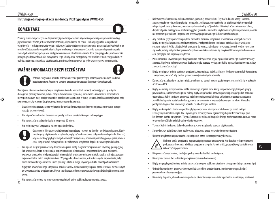 Komentarz, Ważne informacje bezpieczeństwa, Swmx-750 | Swmx-750 pl | Dyras SWMX-750 User Manual | Page 7 / 23