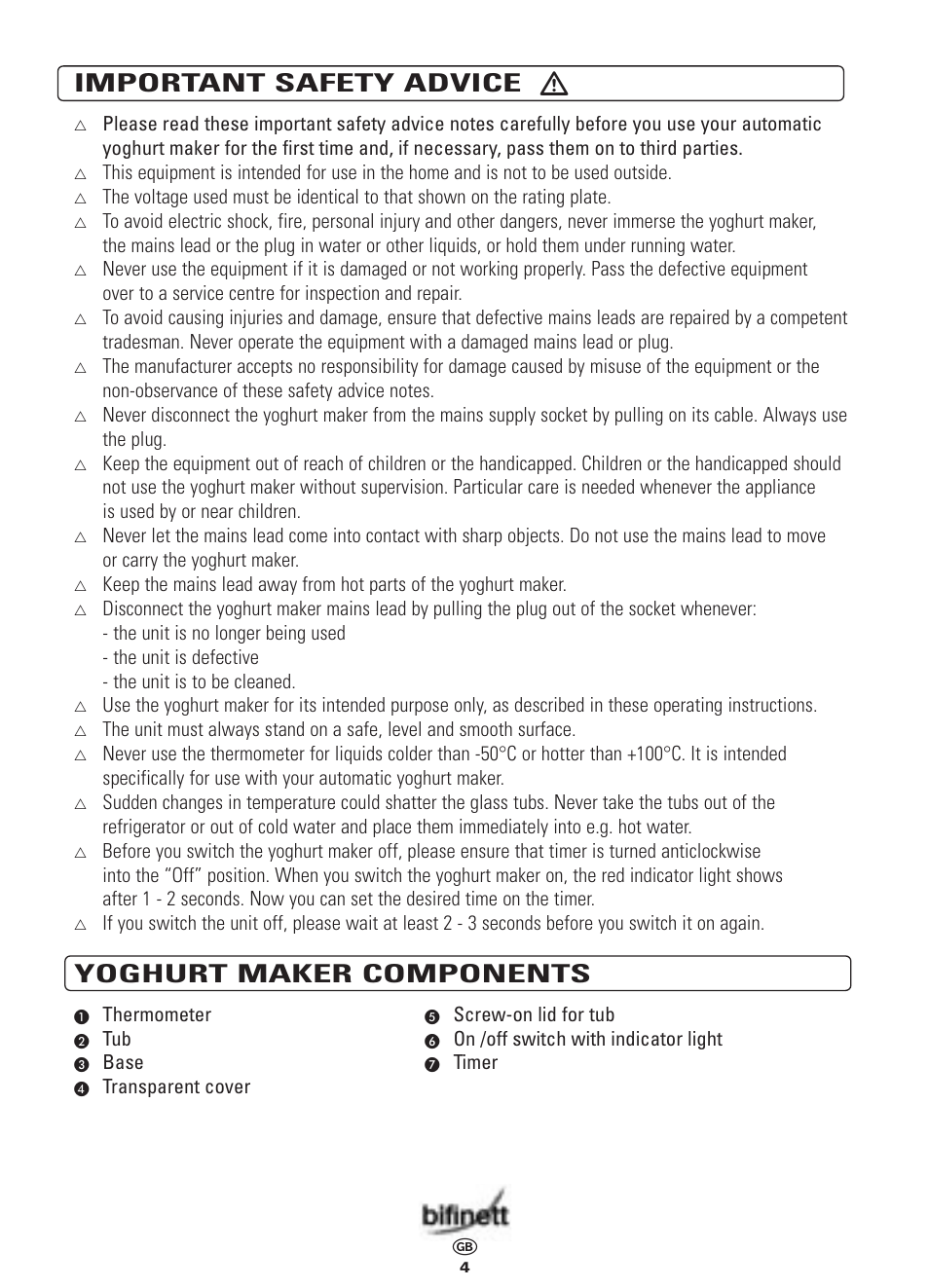 Important safety advice, Yoghurt maker components | Bifinett KH 458 User Manual | Page 4 / 7