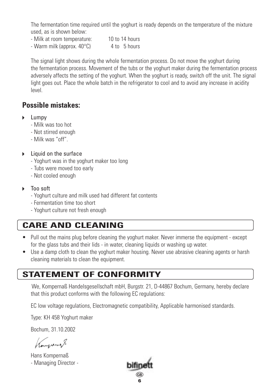 Possible mistakes, Care and cleaning, Statement of conformity | Bifinett KH 458 User Manual | Page 6 / 7