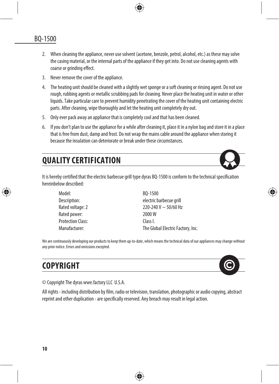 Quality certification, Copyright, Bq-1500 | Dyras BQ-1500 User Manual | Page 10 / 49