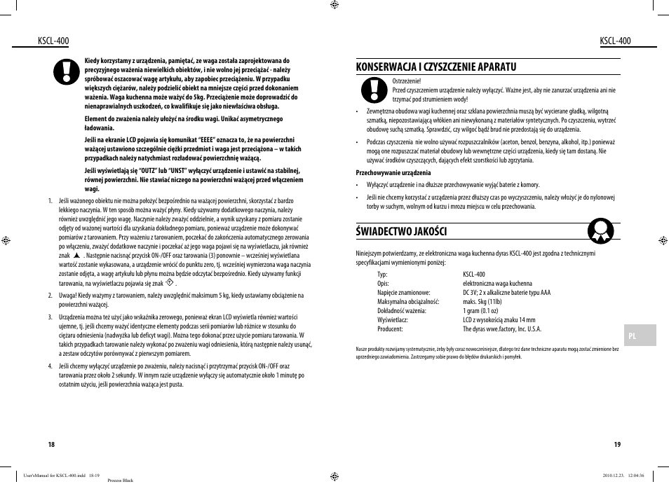 Konserwacja i czyszczenie aparatu, Świadectwo jakości, Kscl-400 | Dyras KSCL-400 User Manual | Page 10 / 25