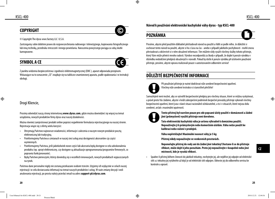 Copyright, Symbol a ce, Poznámka | Důležité bezpečnostní informace, Kscl-400, Drogi kliencie | Dyras KSCL-400 User Manual | Page 11 / 25