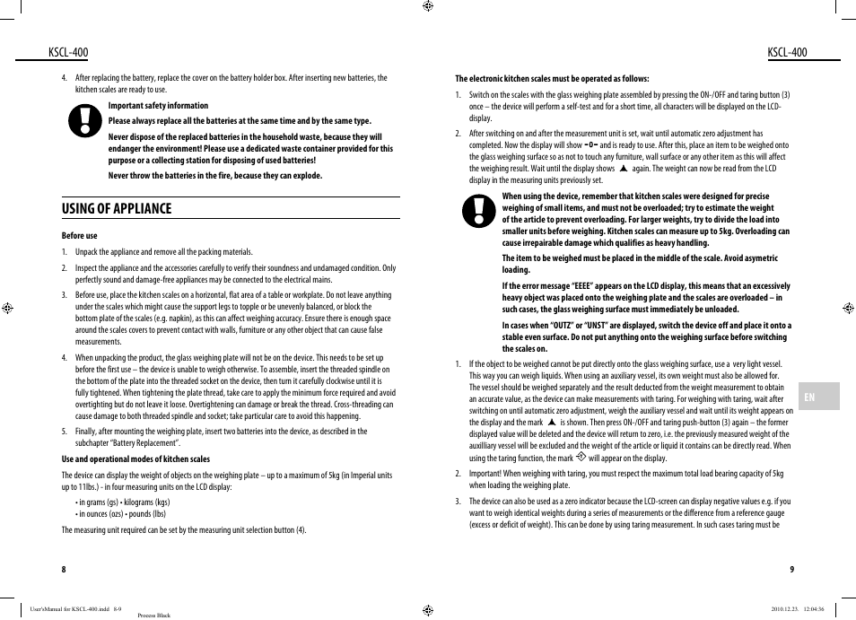 Using of appliance, Kscl-400 | Dyras KSCL-400 User Manual | Page 5 / 25