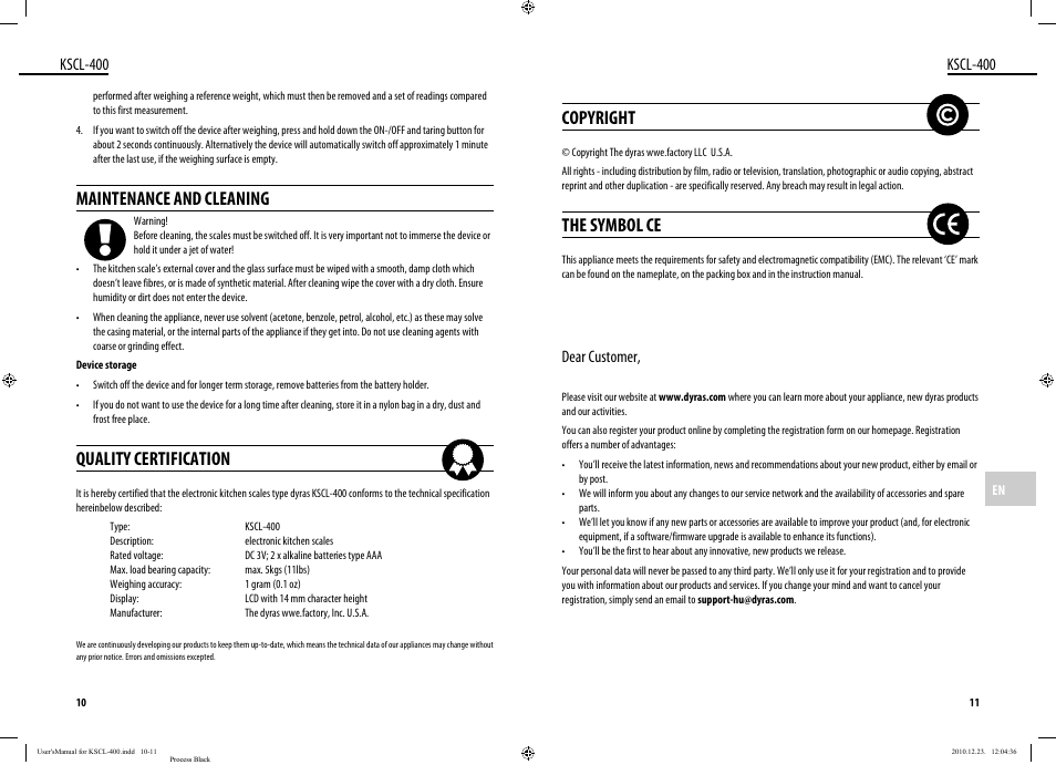 Copyright, The symbol ce, Maintenance and cleaning | Quality certification, Kscl-400, Dear customer | Dyras KSCL-400 User Manual | Page 6 / 25