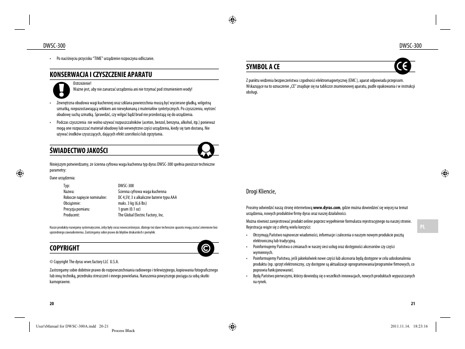 Symbol a ce, Konserwacja i czyszczenie aparatu, Świadectwo jakości | Copyright | Dyras DWSC-300 User Manual | Page 11 / 29
