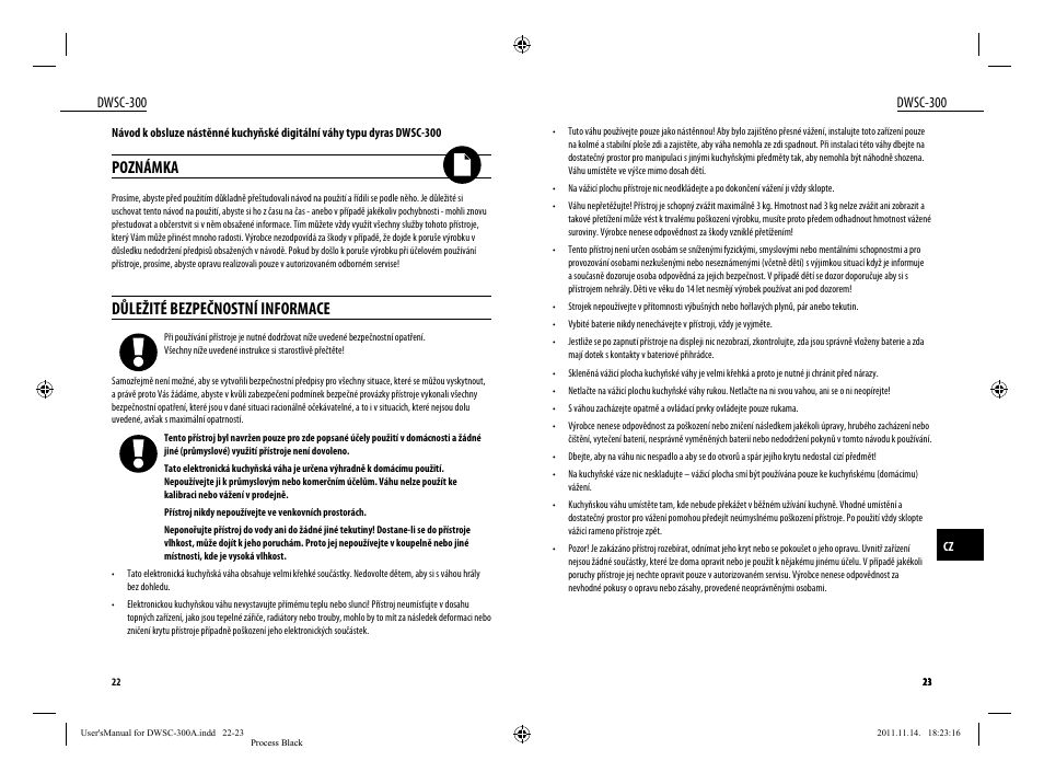 Poznámka, Důležité bezpečnostní informace, Dwsc-300 | Dyras DWSC-300 User Manual | Page 12 / 29