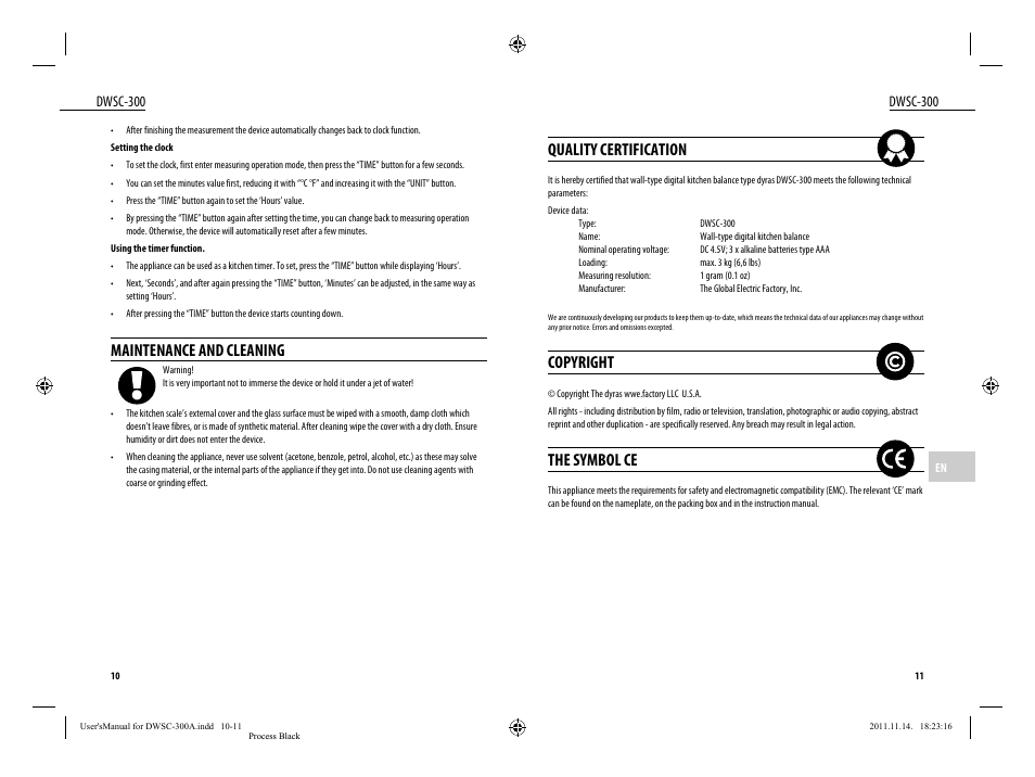 Quality certification, Copyright, The symbol ce | Maintenance and cleaning, Dwsc-300 | Dyras DWSC-300 User Manual | Page 6 / 29