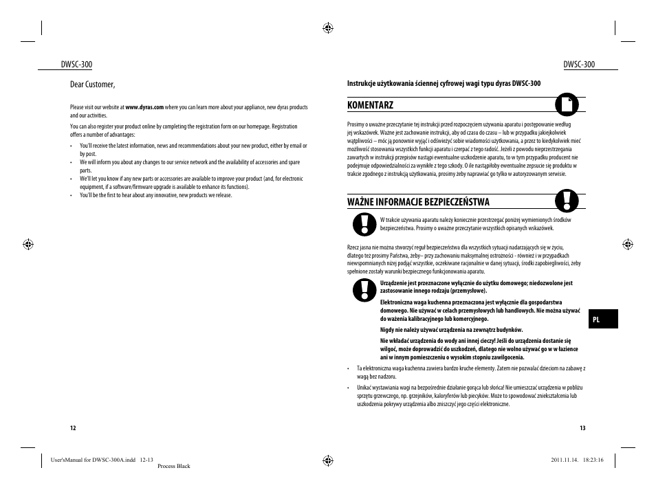 Komentarz, Ważne informacje bezpieczeństwa | Dyras DWSC-300 User Manual | Page 7 / 29