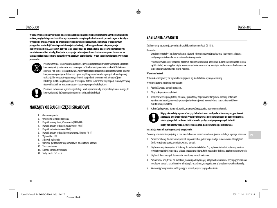 Zasilanie aparatu, Narządy obsługi i części składowe, Dwsc-300 | Dyras DWSC-300 User Manual | Page 9 / 29