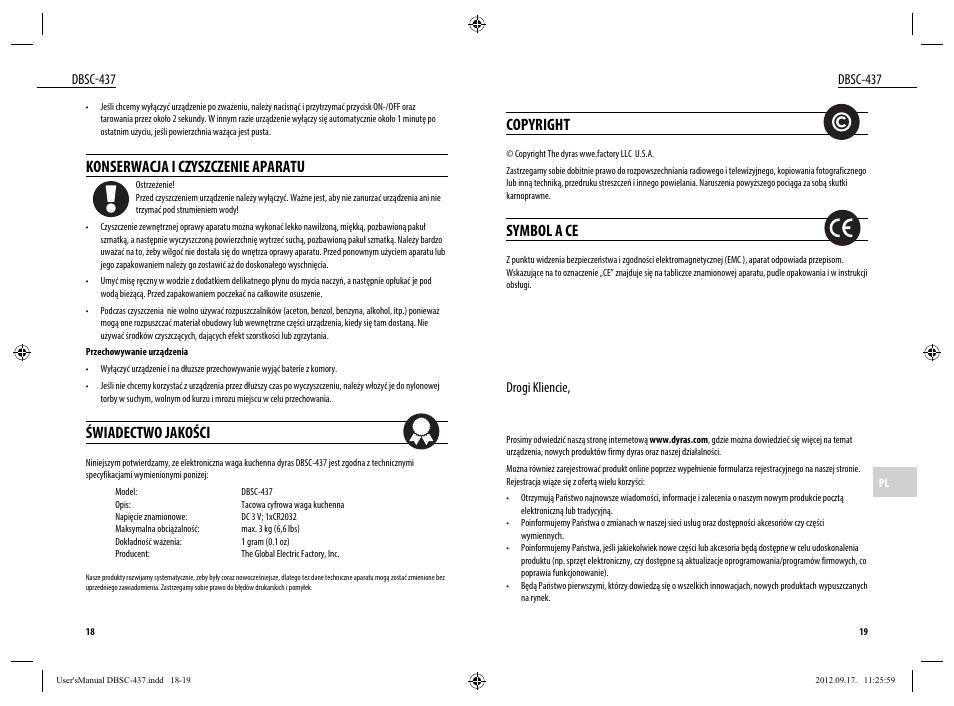 Konserwacja i czyszczenie aparatu, Świadectwo jakości, Copyright | Symbol a ce, Dbsc-437, Drogi kliencie | Dyras DBSC-437 User Manual | Page 10 / 23