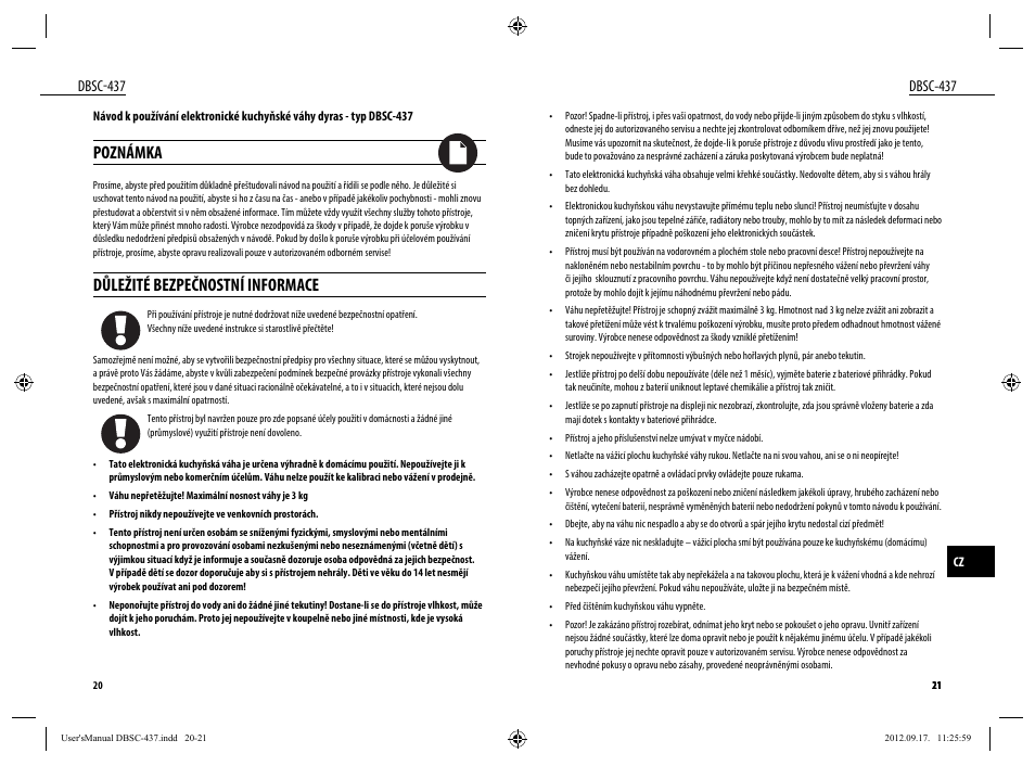 Poznámka, Důležité bezpečnostní informace, Dbsc-437 | Dyras DBSC-437 User Manual | Page 11 / 23