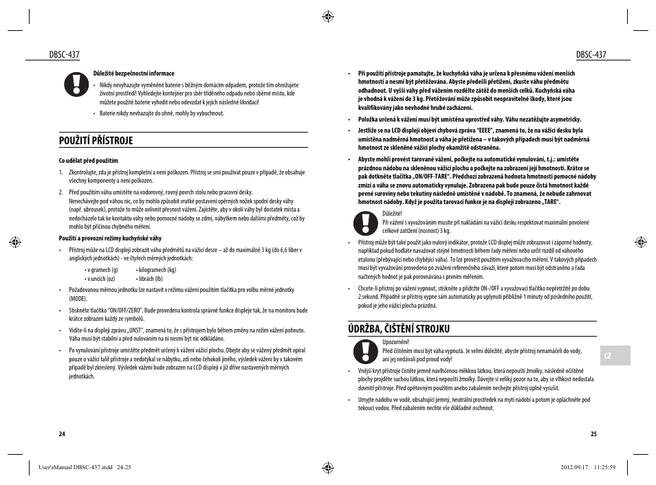 Údržba, čištění strojku, Použití přístroje, Dbsc-437 | Dyras DBSC-437 User Manual | Page 13 / 23