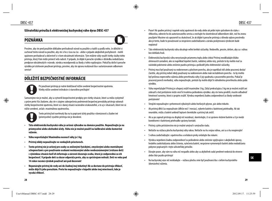 Poznámka, Dőležité bezpečnostné informácie, Dbsc-437 | Dyras DBSC-437 User Manual | Page 15 / 23