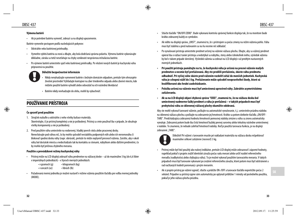 Používanie prístroja, Dbsc-437 | Dyras DBSC-437 User Manual | Page 17 / 23