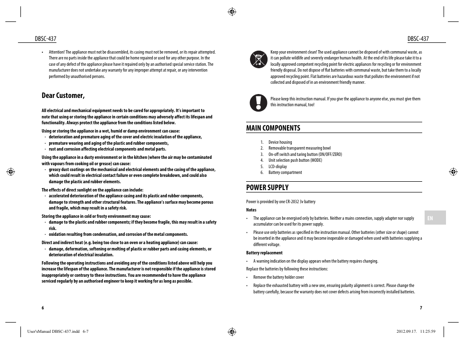 Main components, Power supply, Dear customer | Dbsc-437 | Dyras DBSC-437 User Manual | Page 4 / 23