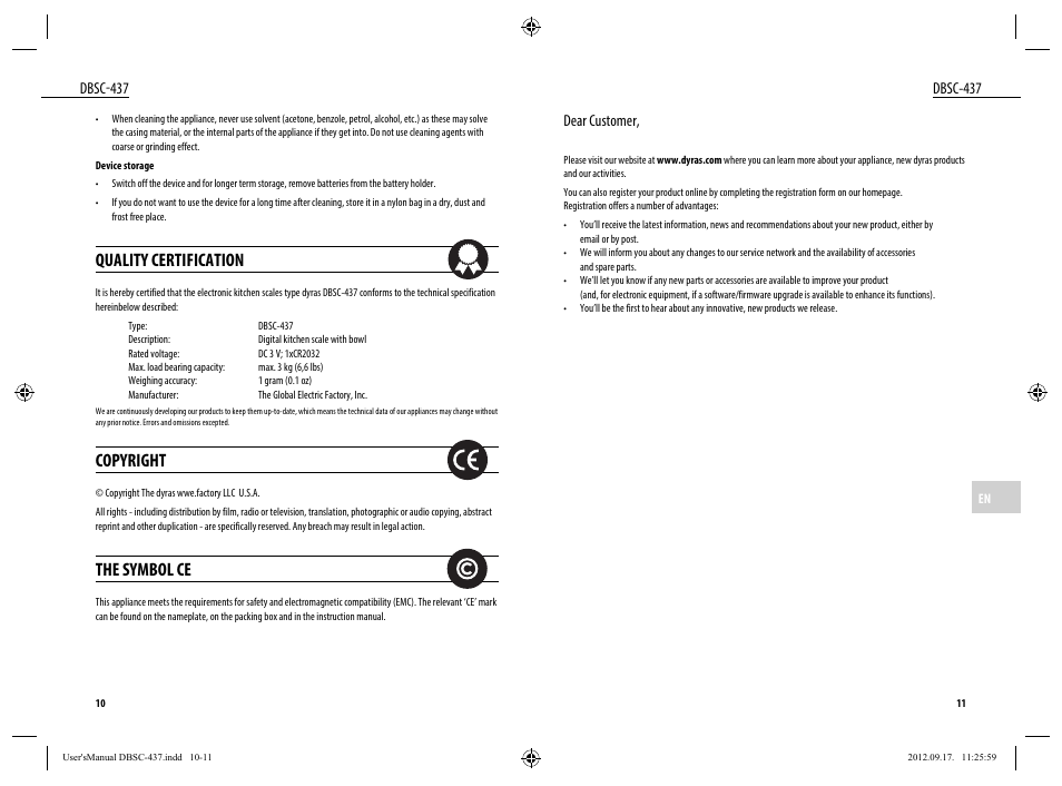 Quality certification, Copyright, The symbol ce | Dbsc-437, Dear customer | Dyras DBSC-437 User Manual | Page 6 / 23