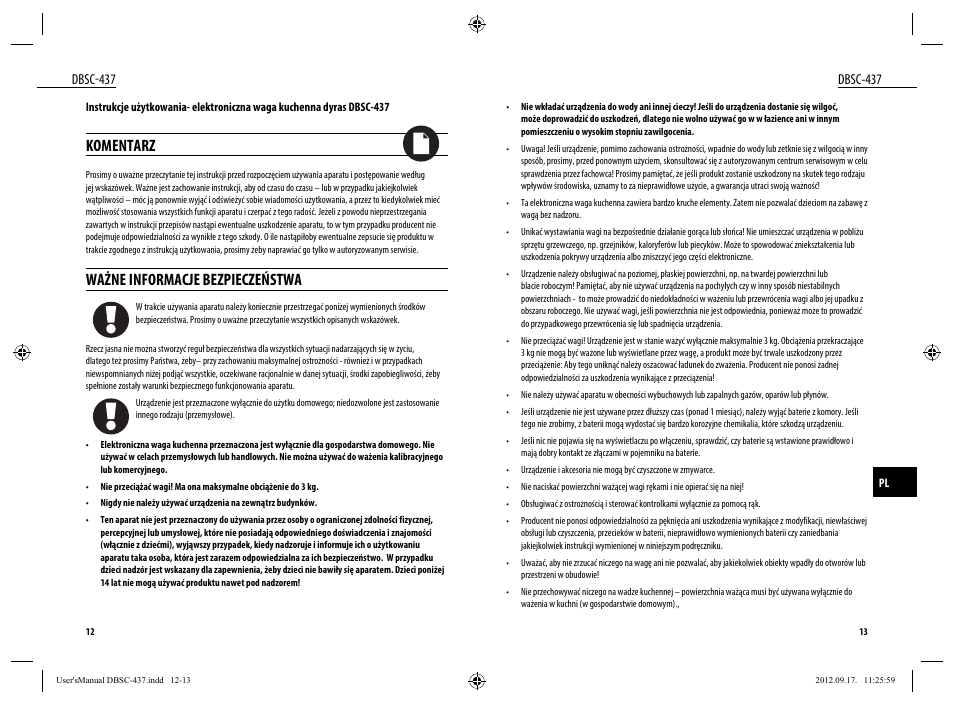 Komentarz, Ważne informacje bezpieczeństwa, Dbsc-437 | Dyras DBSC-437 User Manual | Page 7 / 23