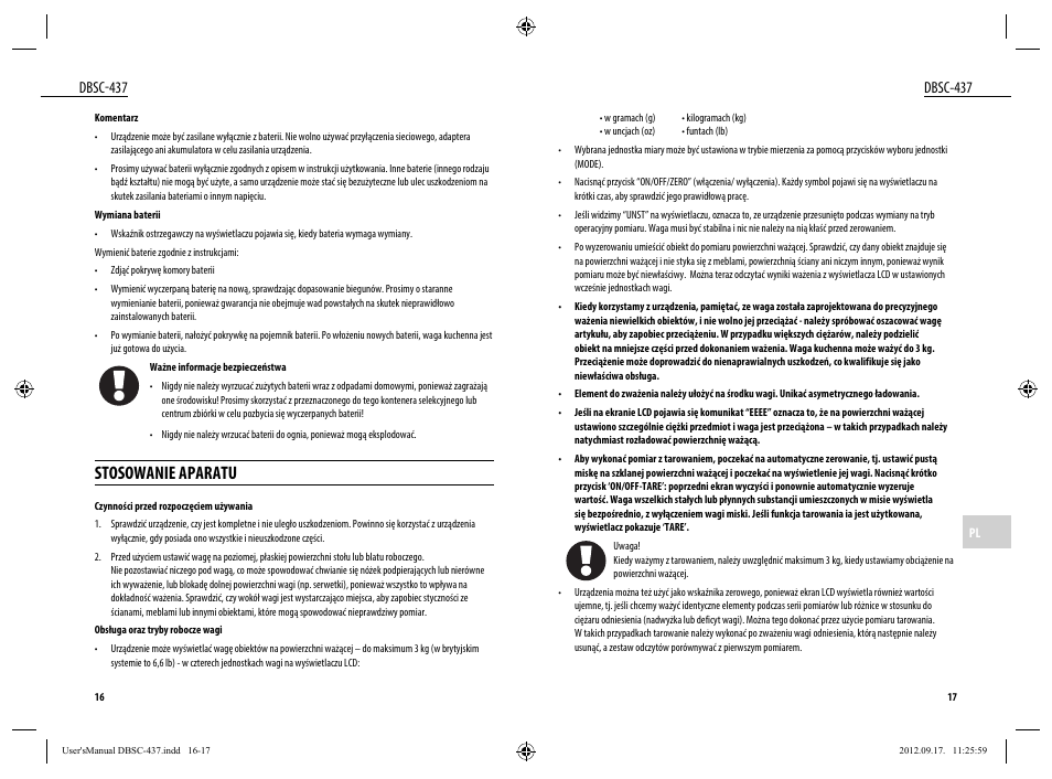 Stosowanie aparatu, Dbsc-437 | Dyras DBSC-437 User Manual | Page 9 / 23
