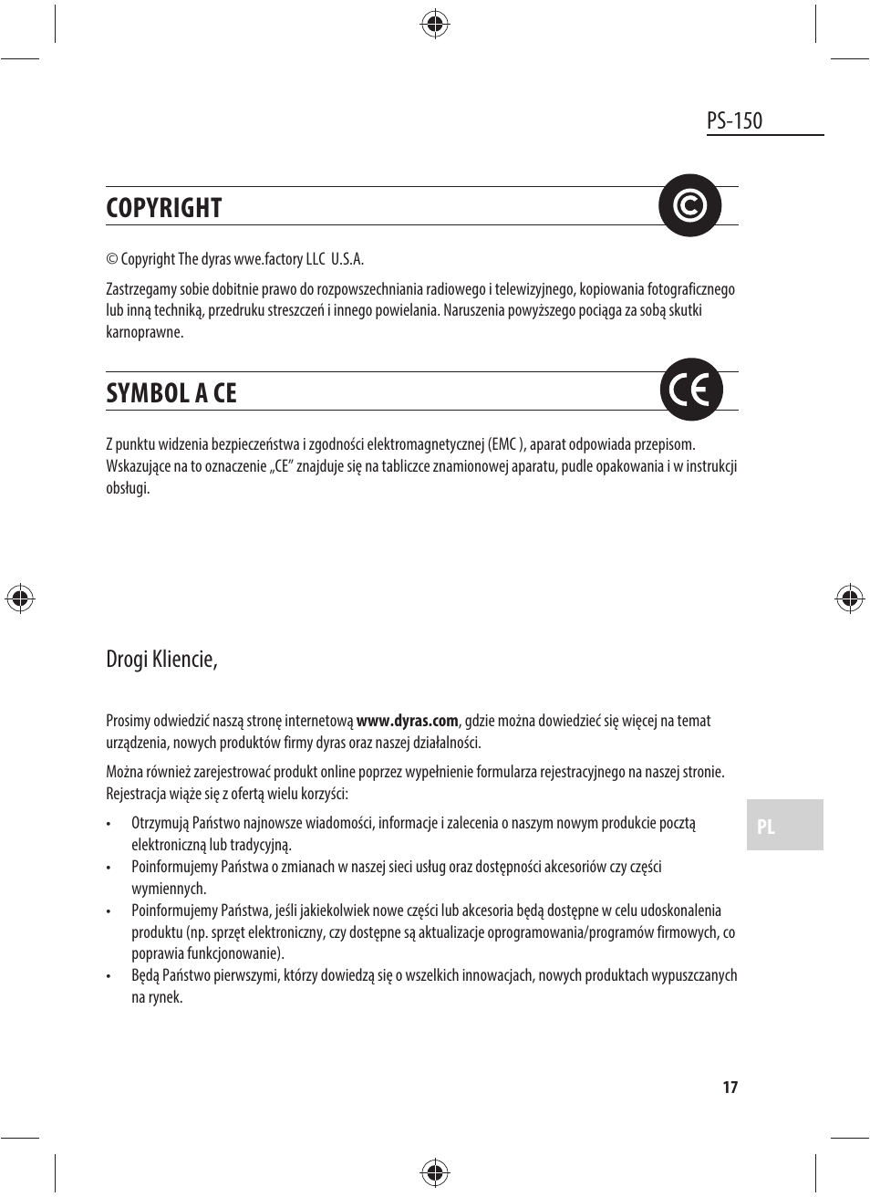 Copyright, Symbol a ce, Ps-150 | Drogi kliencie | Dyras PS-150 User Manual | Page 17 / 41