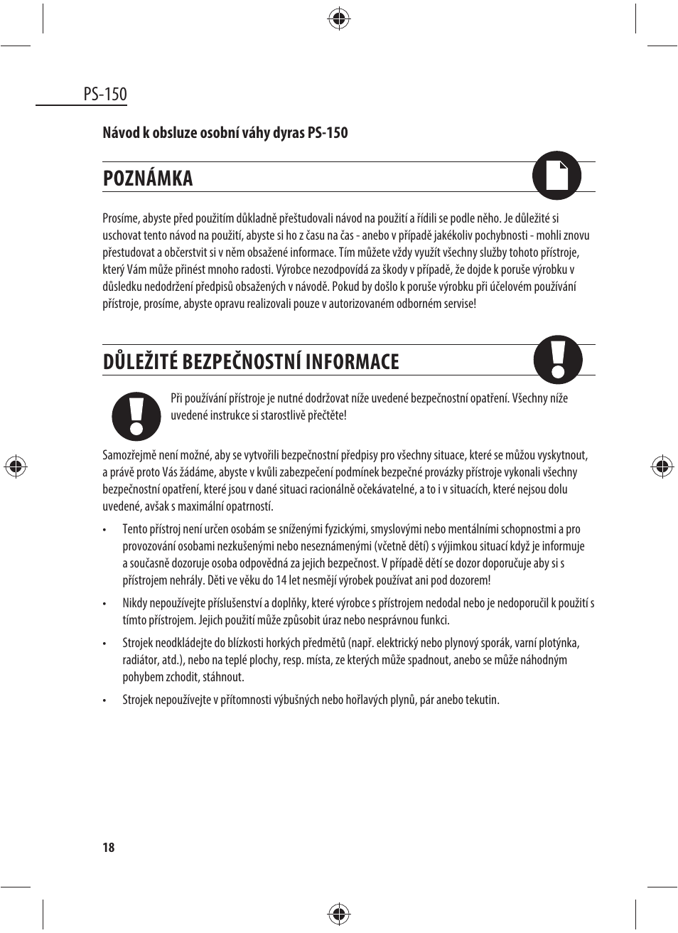 Poznámka, Důležité bezpečnostní informace, Ps-150 | Dyras PS-150 User Manual | Page 18 / 41