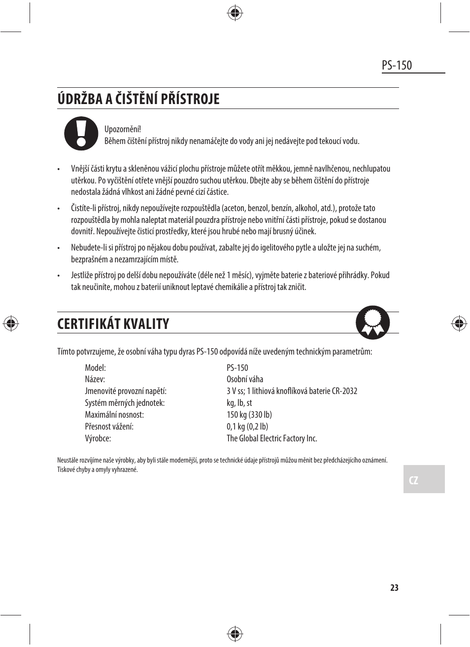 Údržba a čištění přístroje, Certifikát kvality, Ps-150 | Dyras PS-150 User Manual | Page 23 / 41