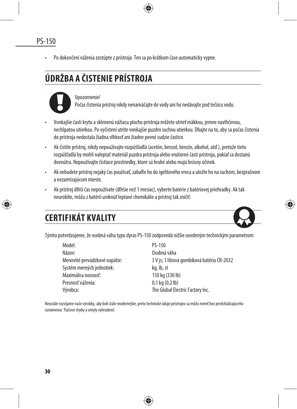 Údržba a čistenie prístroja, Certifikát kvality, Ps-150 | Dyras PS-150 User Manual | Page 30 / 41