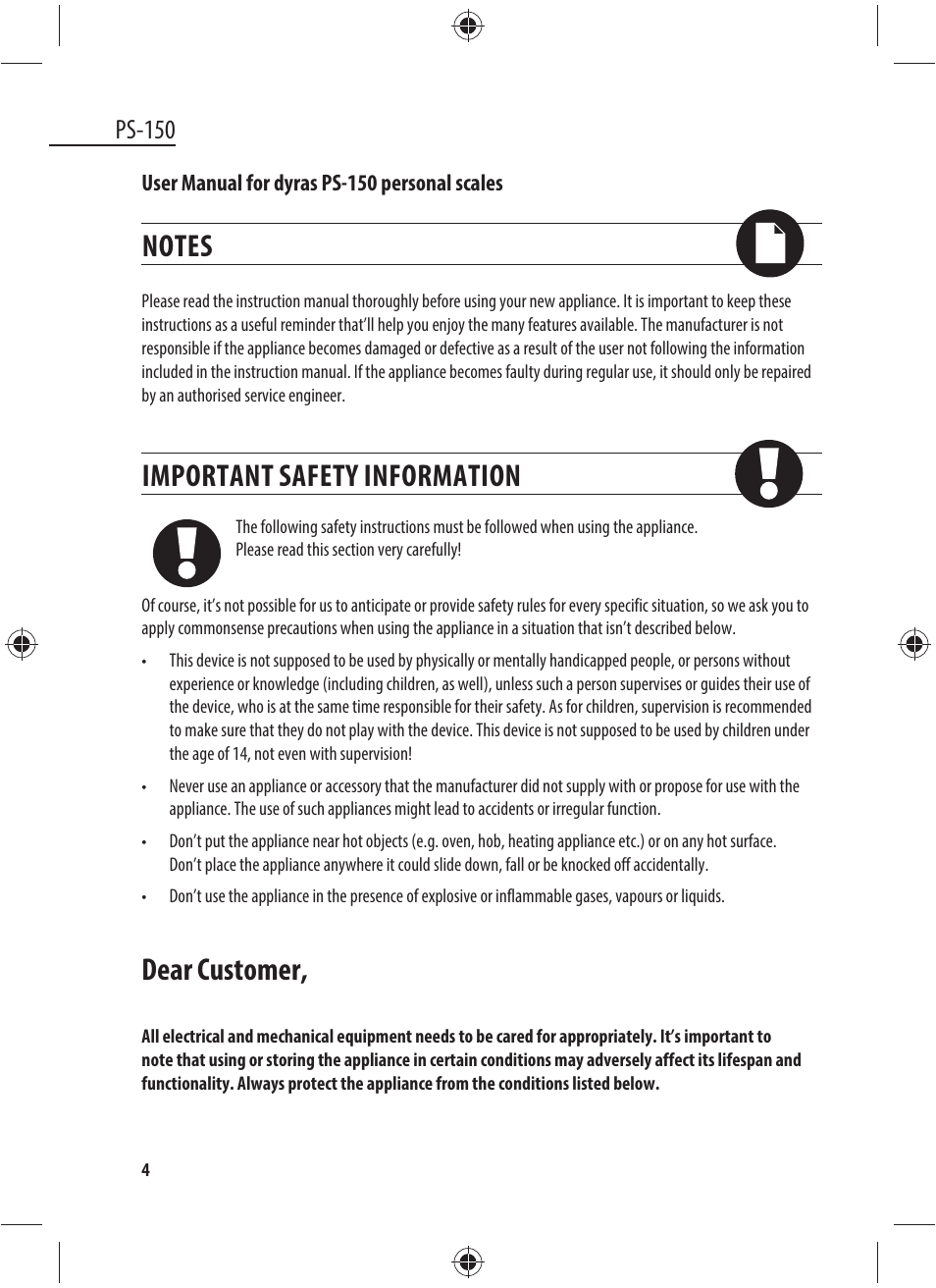 Important safety information, Dear customer, Ps-150 | Dyras PS-150 User Manual | Page 4 / 41