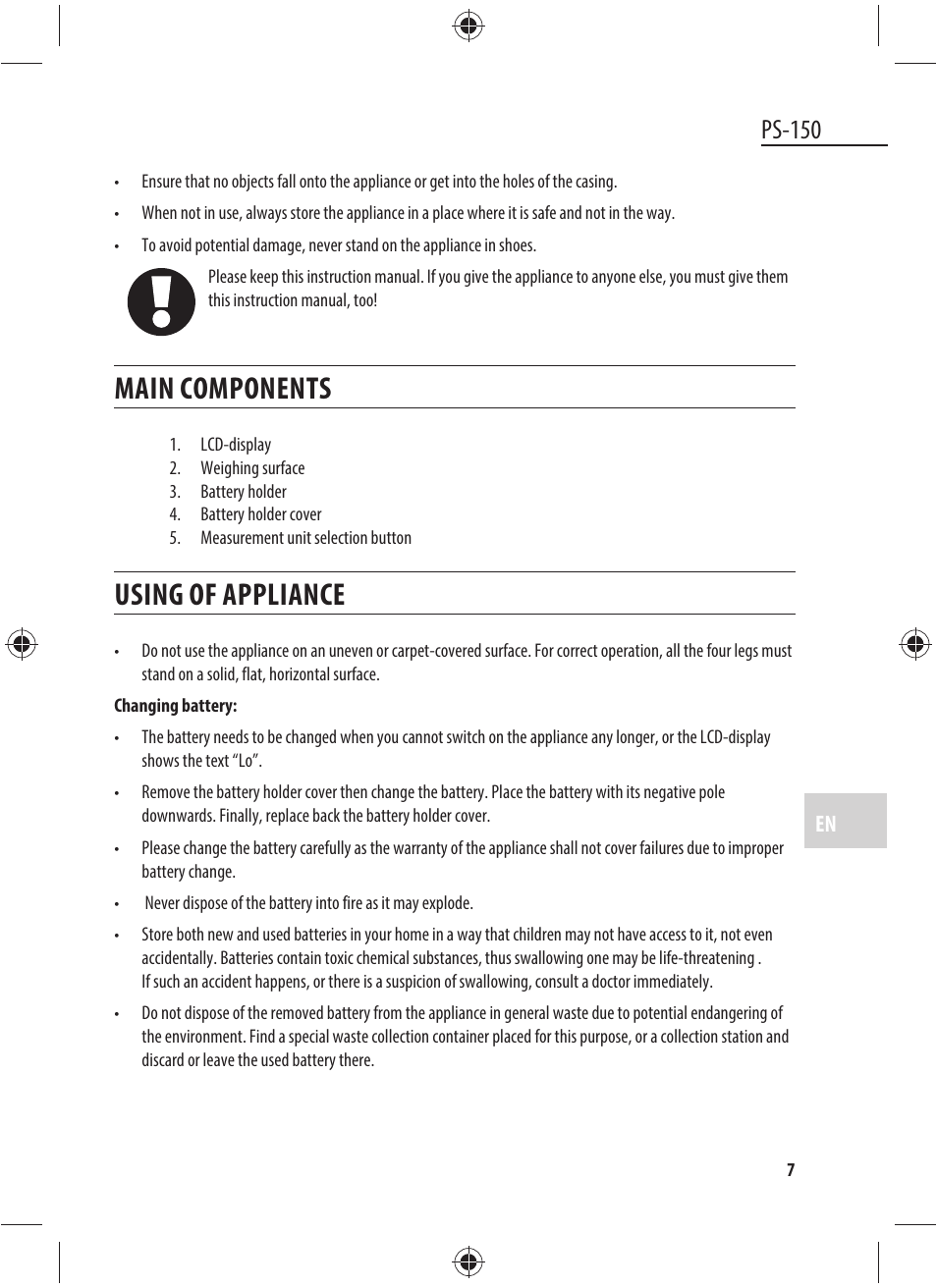 Main components, Using of appliance, Ps-150 | Dyras PS-150 User Manual | Page 7 / 41