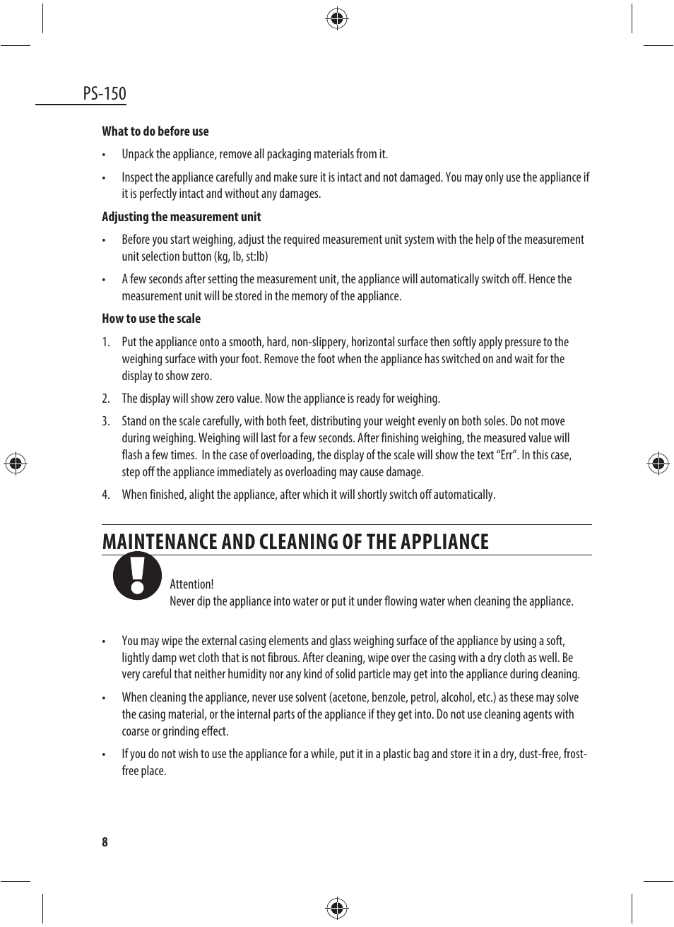 Maintenance and cleaning of the appliance, Ps-150 | Dyras PS-150 User Manual | Page 8 / 41