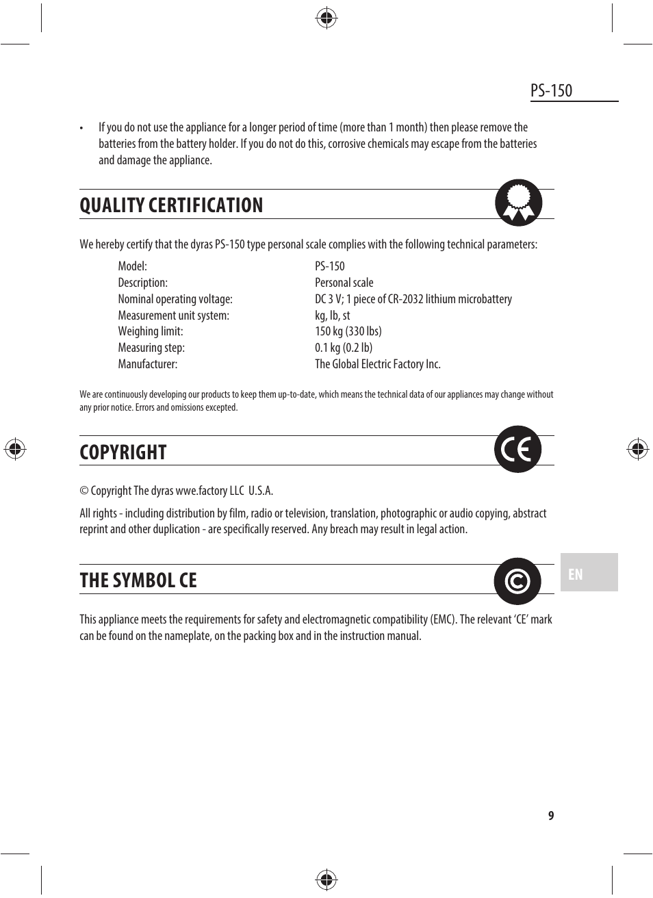 Quality certification, Copyright, The symbol ce | Ps-150 | Dyras PS-150 User Manual | Page 9 / 41