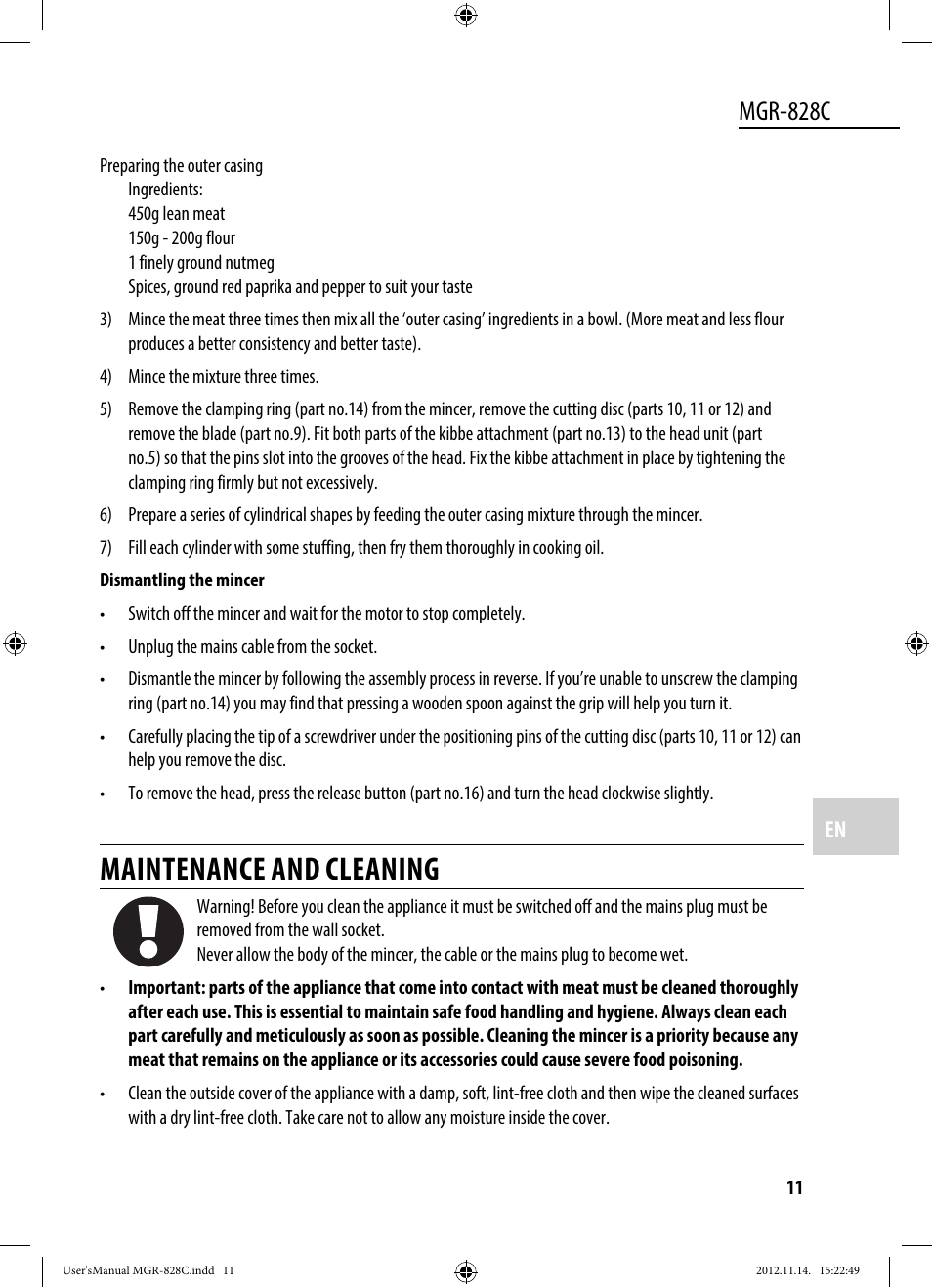 Maintenance and cleaning, Mgr-828c | Dyras MGR-828C User Manual | Page 11 / 57