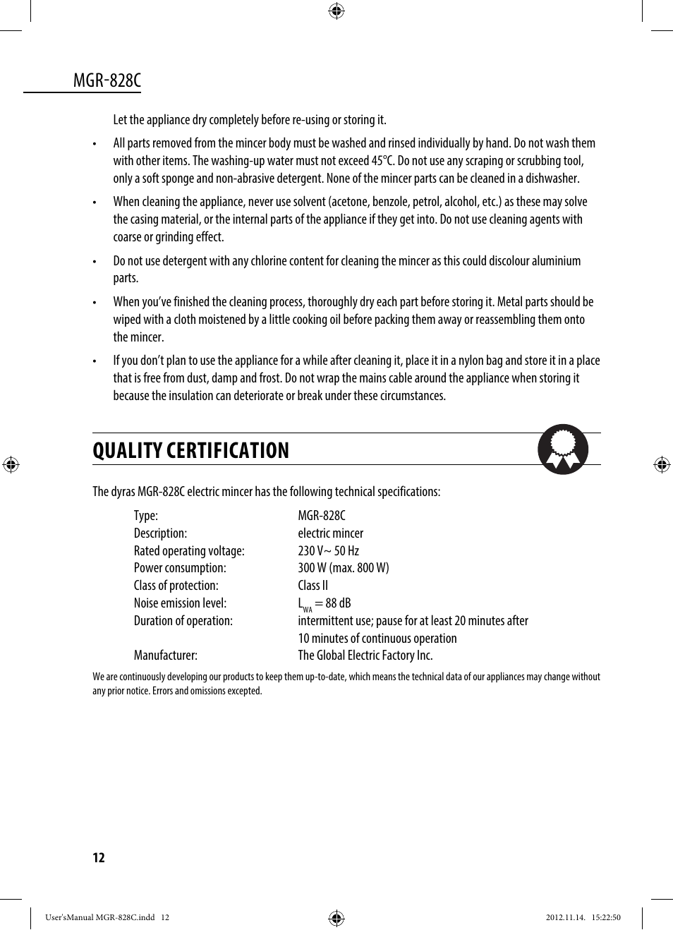 Quality certification, Mgr-828c | Dyras MGR-828C User Manual | Page 12 / 57