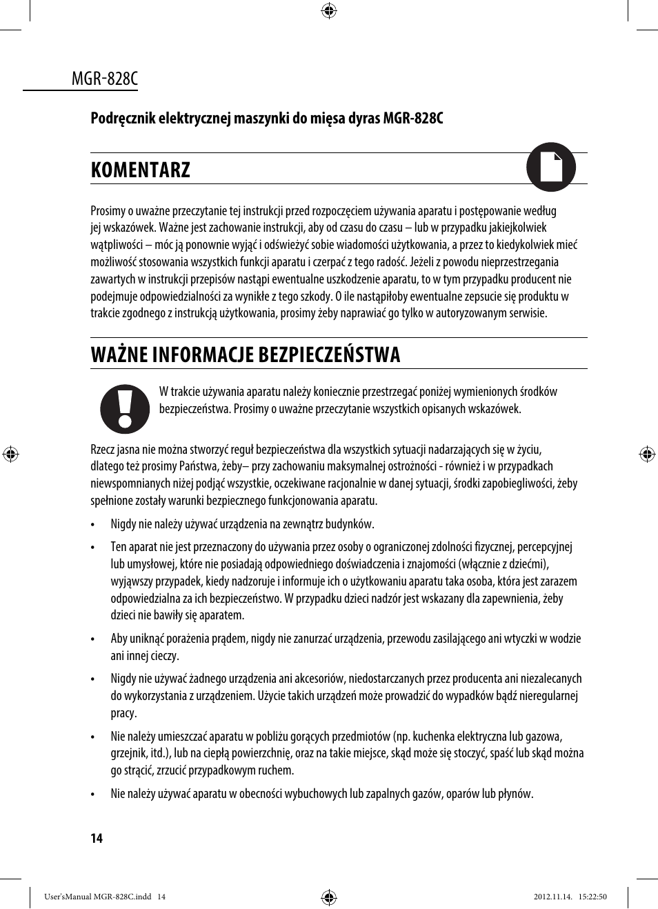 Komentarz, Ważne informacje bezpieczeństwa, Mgr-828c | Dyras MGR-828C User Manual | Page 14 / 57