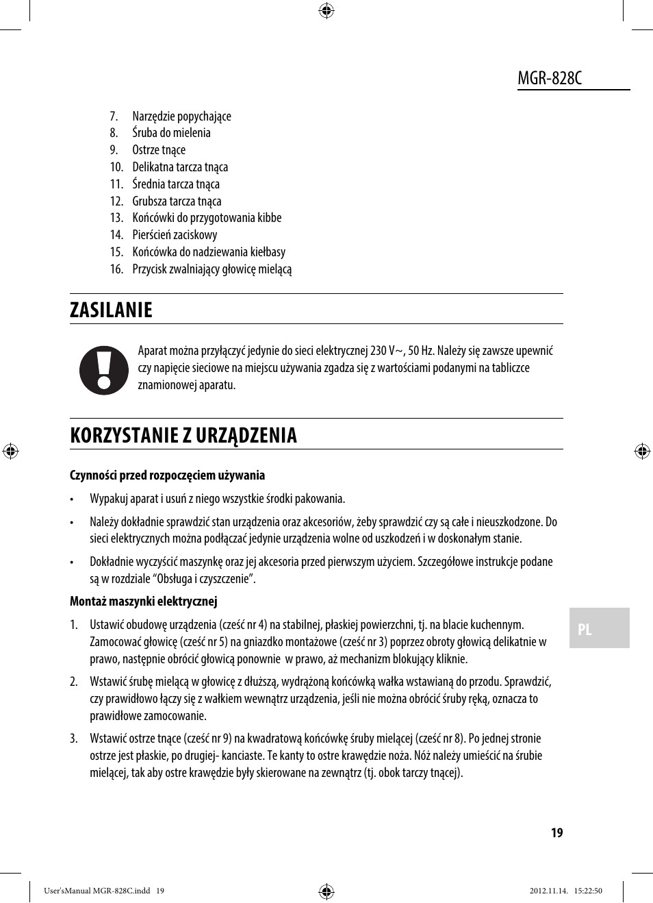 Zasilanie, Korzystanie z urządzenia, Mgr-828c | Dyras MGR-828C User Manual | Page 19 / 57