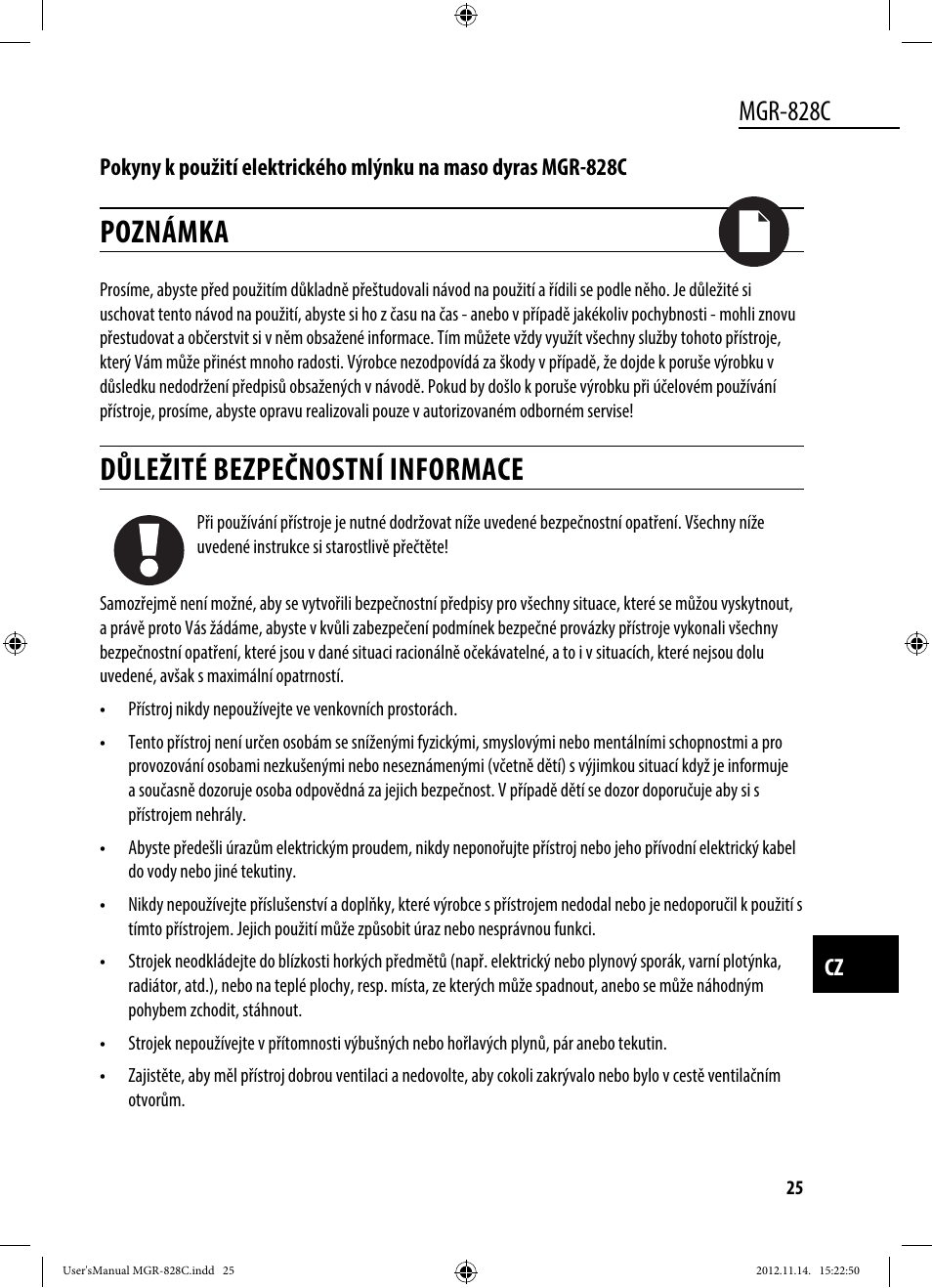 Poznámka, Důležité bezpečnostní informace, Mgr-828c | Dyras MGR-828C User Manual | Page 25 / 57