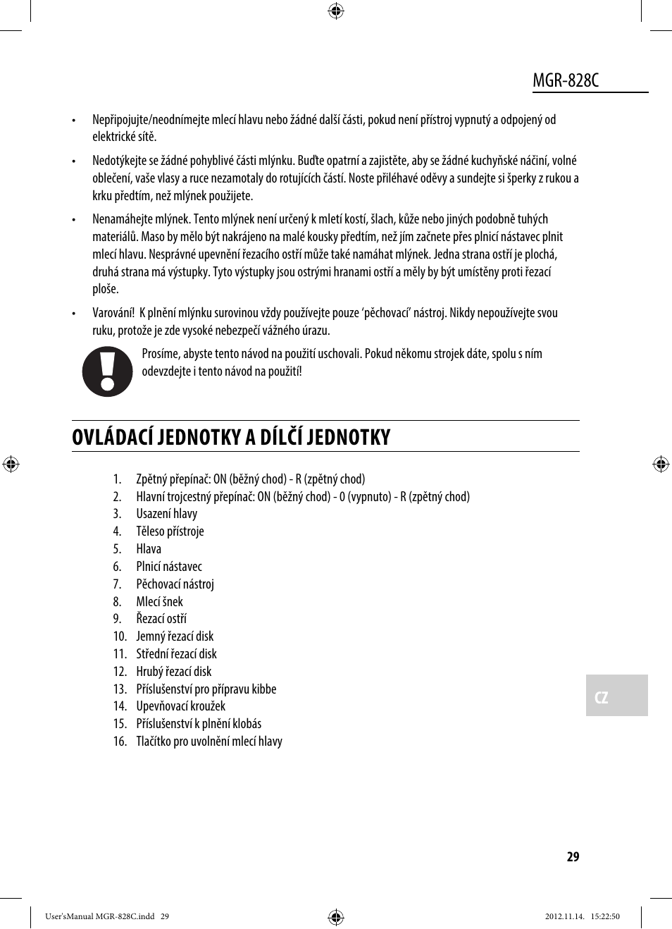 Ovládací jednotky a dílčí jednotky, Mgr-828c | Dyras MGR-828C User Manual | Page 29 / 57