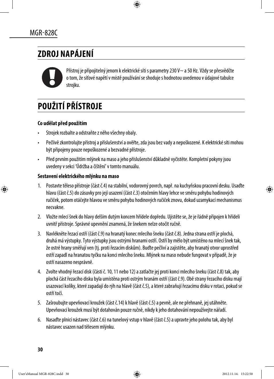 Zdroj napájení, Použití přístroje, Mgr-828c | Dyras MGR-828C User Manual | Page 30 / 57