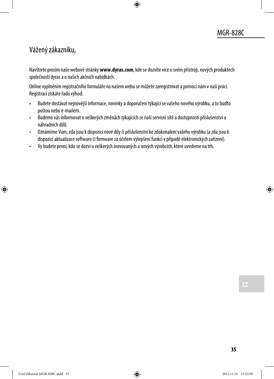 Mgr-828c, Vážený zákazníku | Dyras MGR-828C User Manual | Page 35 / 57
