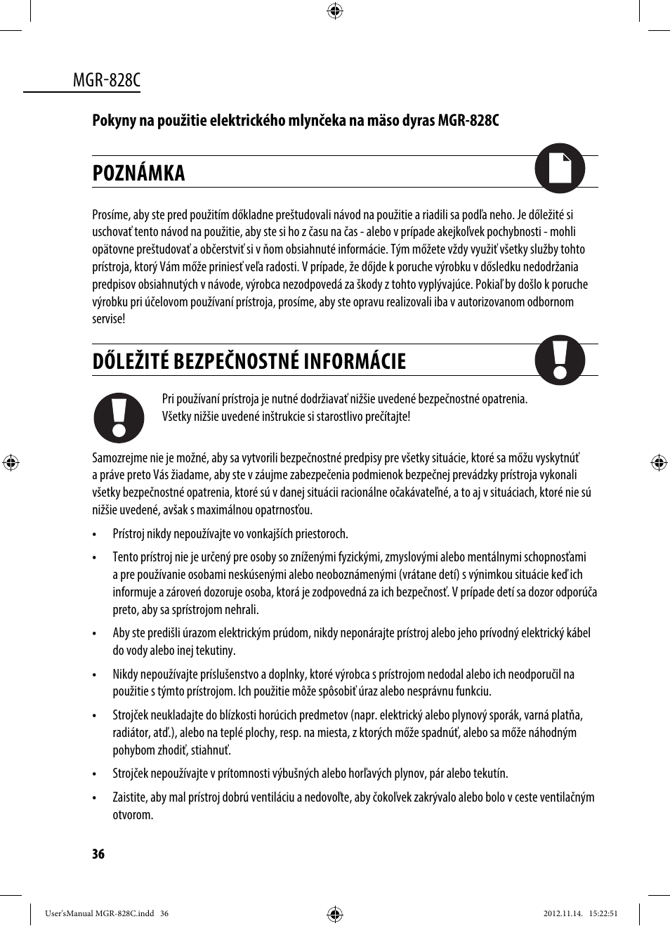 Poznámka, Dőležité bezpečnostné informácie, Mgr-828c | Dyras MGR-828C User Manual | Page 36 / 57