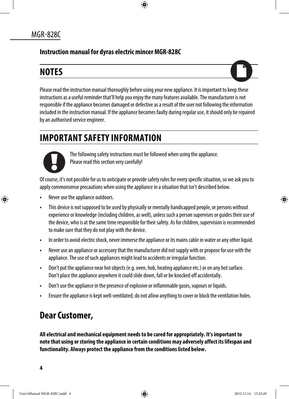 Important safety information, Dear customer, Mgr-828c | Dyras MGR-828C User Manual | Page 4 / 57