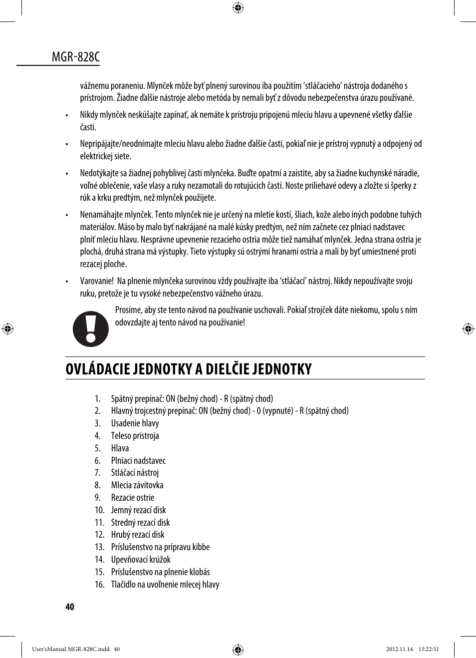 Ovládacie jednotky a dielčie jednotky, Mgr-828c | Dyras MGR-828C User Manual | Page 40 / 57