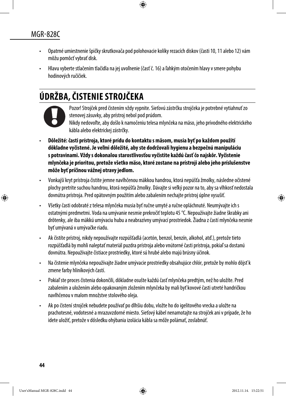 Údržba, čistenie strojčeka, Mgr-828c | Dyras MGR-828C User Manual | Page 44 / 57