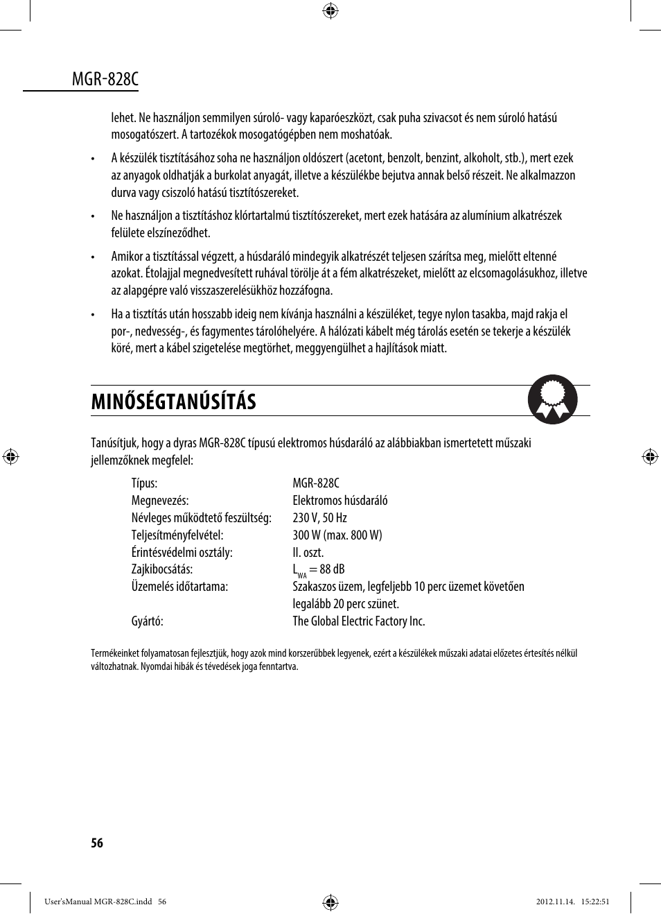 Minőségtanúsítás, Mgr-828c | Dyras MGR-828C User Manual | Page 56 / 57