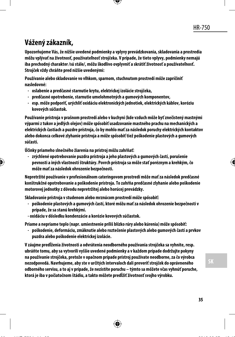 Vážený zákazník, Hr-750 | Dyras HR-750 User Manual | Page 35 / 53