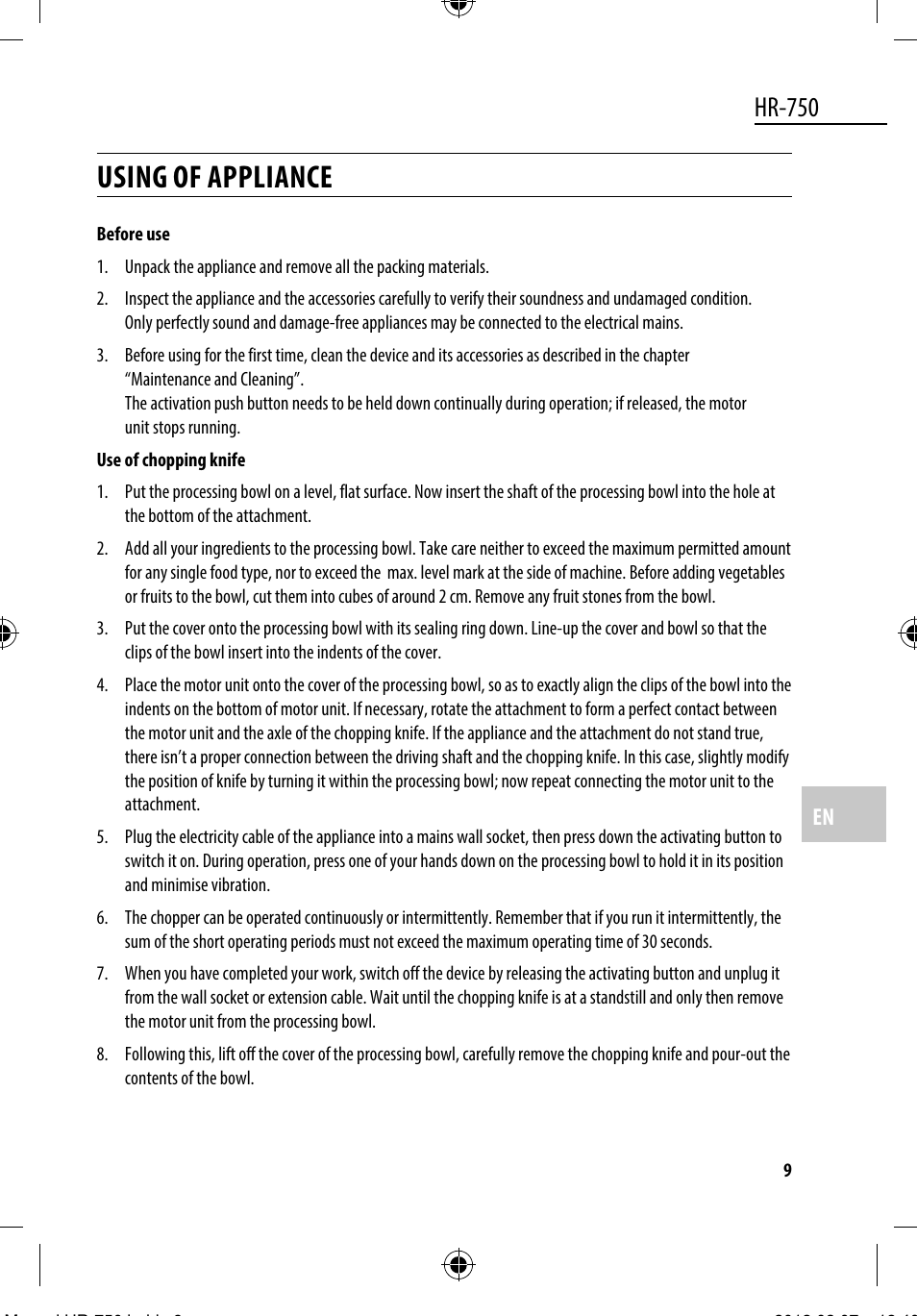 Using of appliance, Hr-750 | Dyras HR-750 User Manual | Page 9 / 53