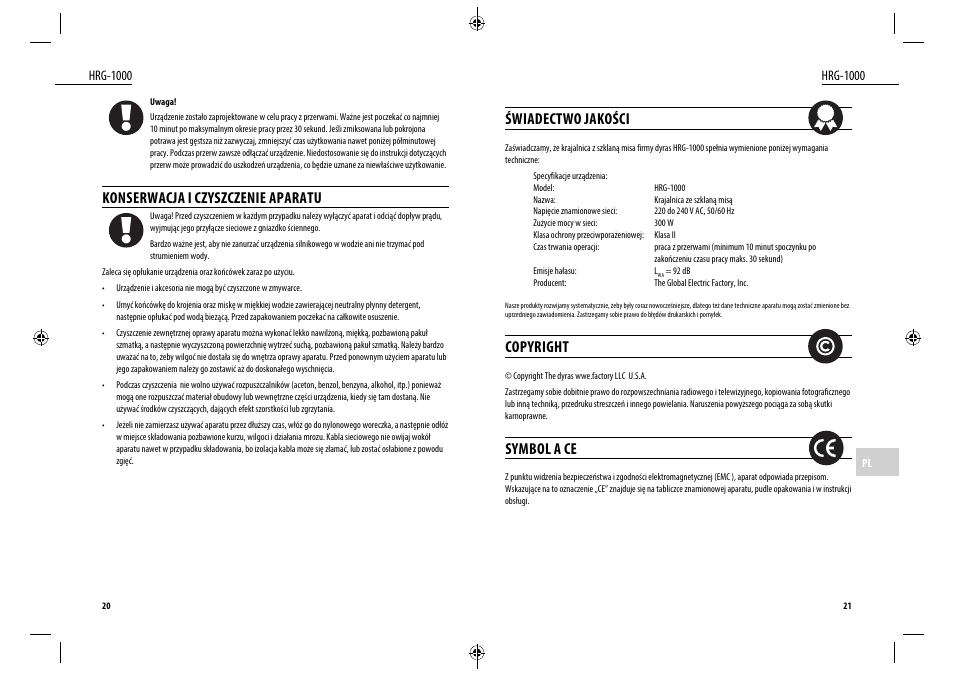 Konserwacja i czyszczenie aparatu, Świadectwo jakości, Copyright | Symbol a ce | Dyras HRG-1000 User Manual | Page 11 / 25
